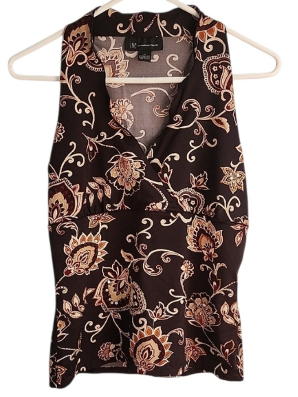 INC International Concepts Vtg Y2K Brown Floral Wrap-Style Top M Sequins Beading